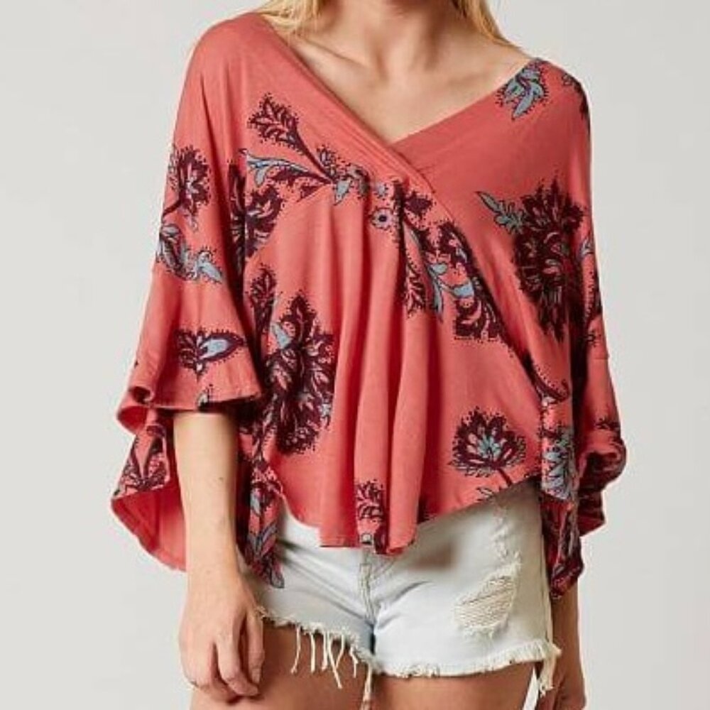 Free People Maui Wowie Boho Coral Paisley Side Tie Blouse Top Passion Flower SM - Picture 10 of 11